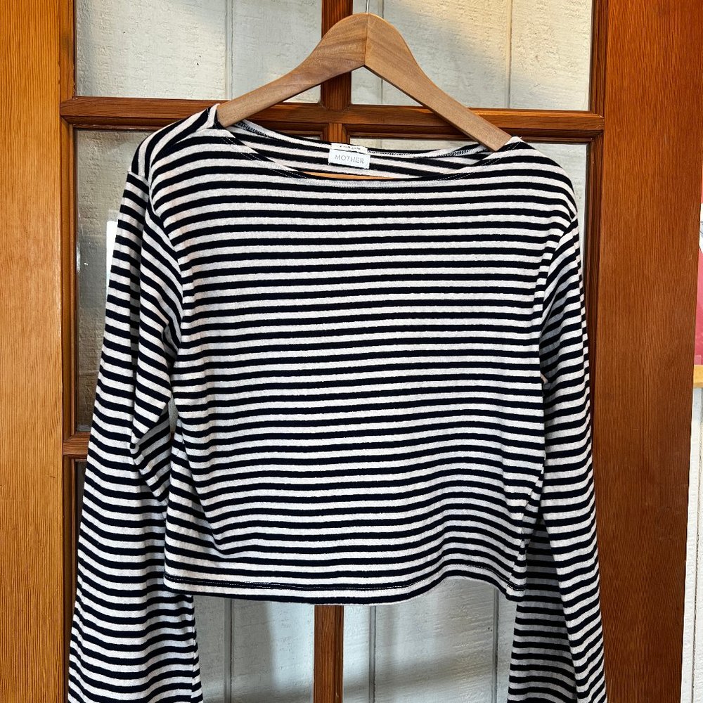 Mother Nacv  & White Stripe Boat Neck Long Sleeve T-Shirt S
